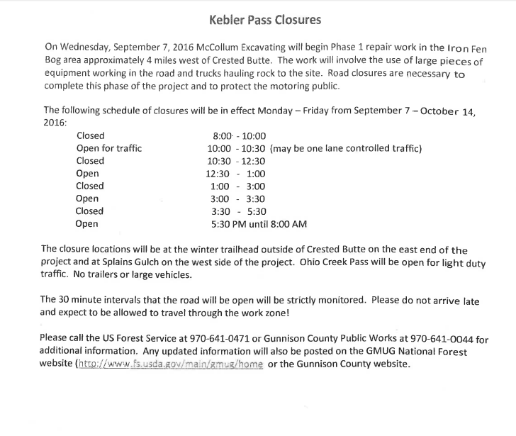 Kebler Pass road closure 2016